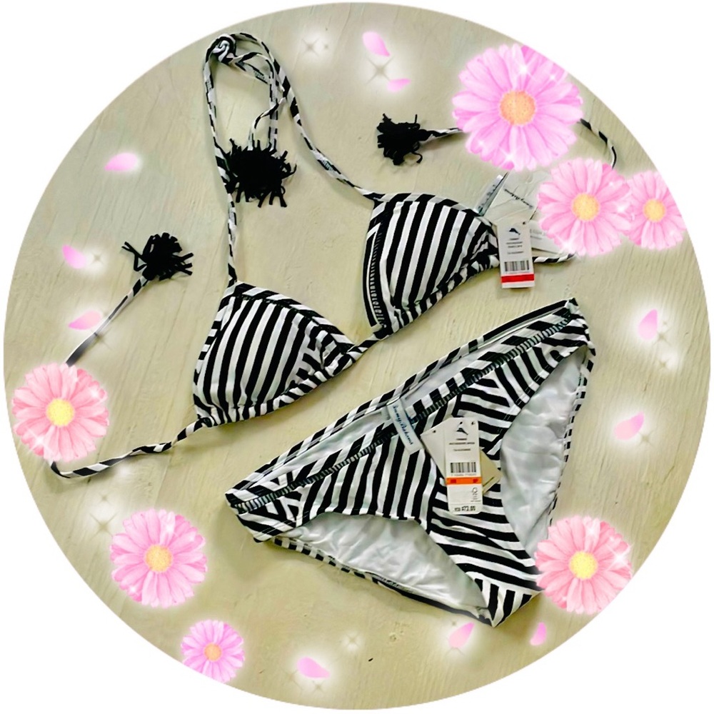 NWT striped zig zag bikini Tommy Bahama S bottoms XS top cinch string tie halter